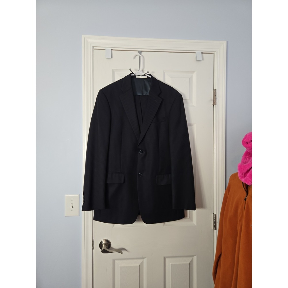 Kenneth Cole Pinstriped Black Suit 2 Piece Wool 40 Regular 34" X 33 Pants Cuffed
